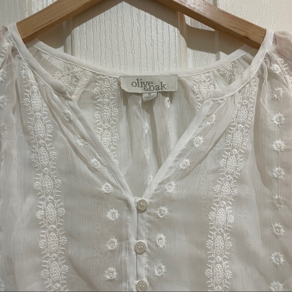 Olive & Oak White Sheer Embroidered Blouse White Sheer Top Summer Small - Picture 5 of 5